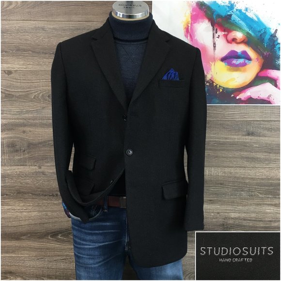 Studio Suits Men's Long Coat Over‎ Coat Wool Sports Jacket 40R Men Black Trench